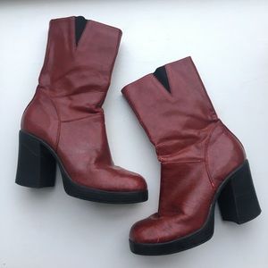 Red Vintage Chunky Heel Boots